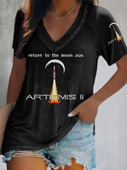 Women's Artemis II 2026 Return To The Moon For All Humanity Print Casual V-Neck Tee