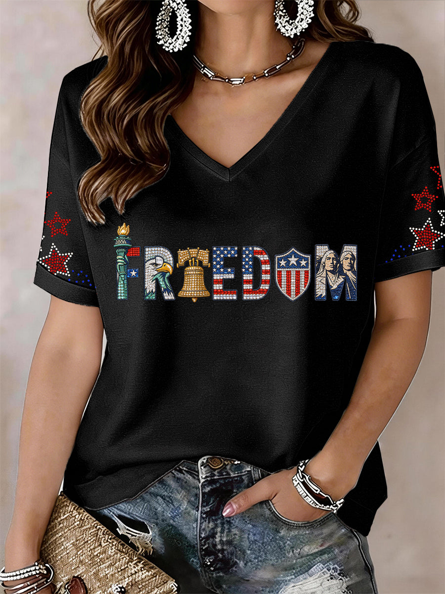 Women's Freedom Sparkly Rhinestone V-Neck T-Shirt