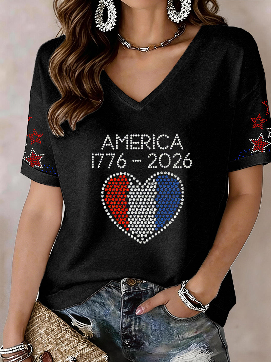 Women's Sparkly Rhinestone America 1776-2026 V-Neck T-Shirt