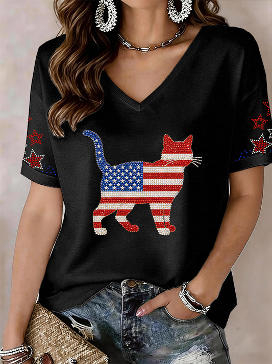 Women's Cat Rhinestone Pattern V-Neck T-Shirt