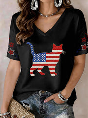 Women's Cat Rhinestone Pattern V-Neck T-Shirt