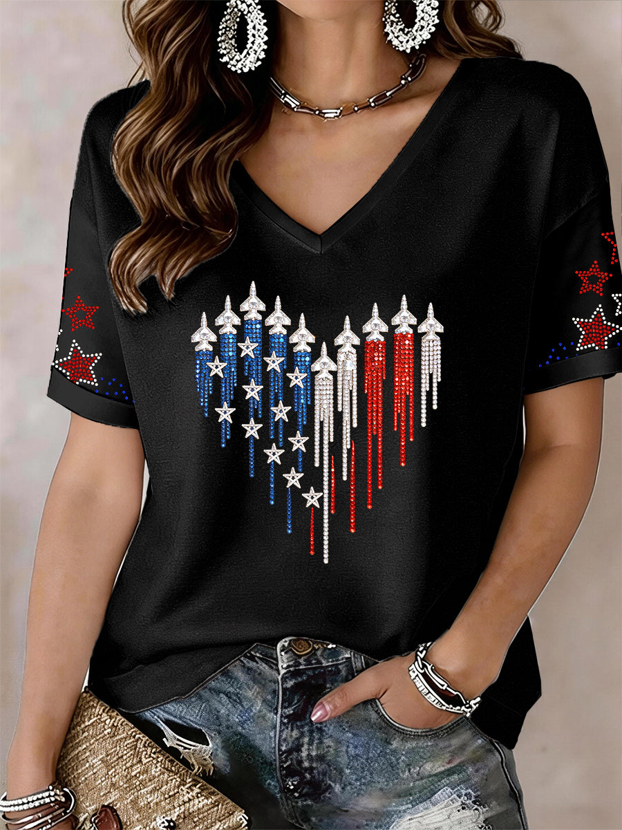 Women's USA Sparkly Rhinestone V-Neck T-Shirt