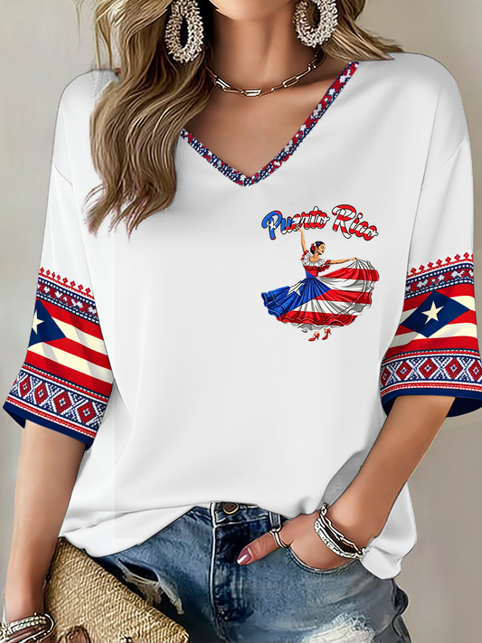 Women's Puerto Rico Printed Mid-length Sleeves V-Neck T-Shirt