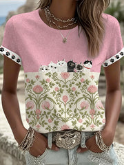 Women's Cute Cats With Floral Graphic Casual Short Sleeve T-shirt