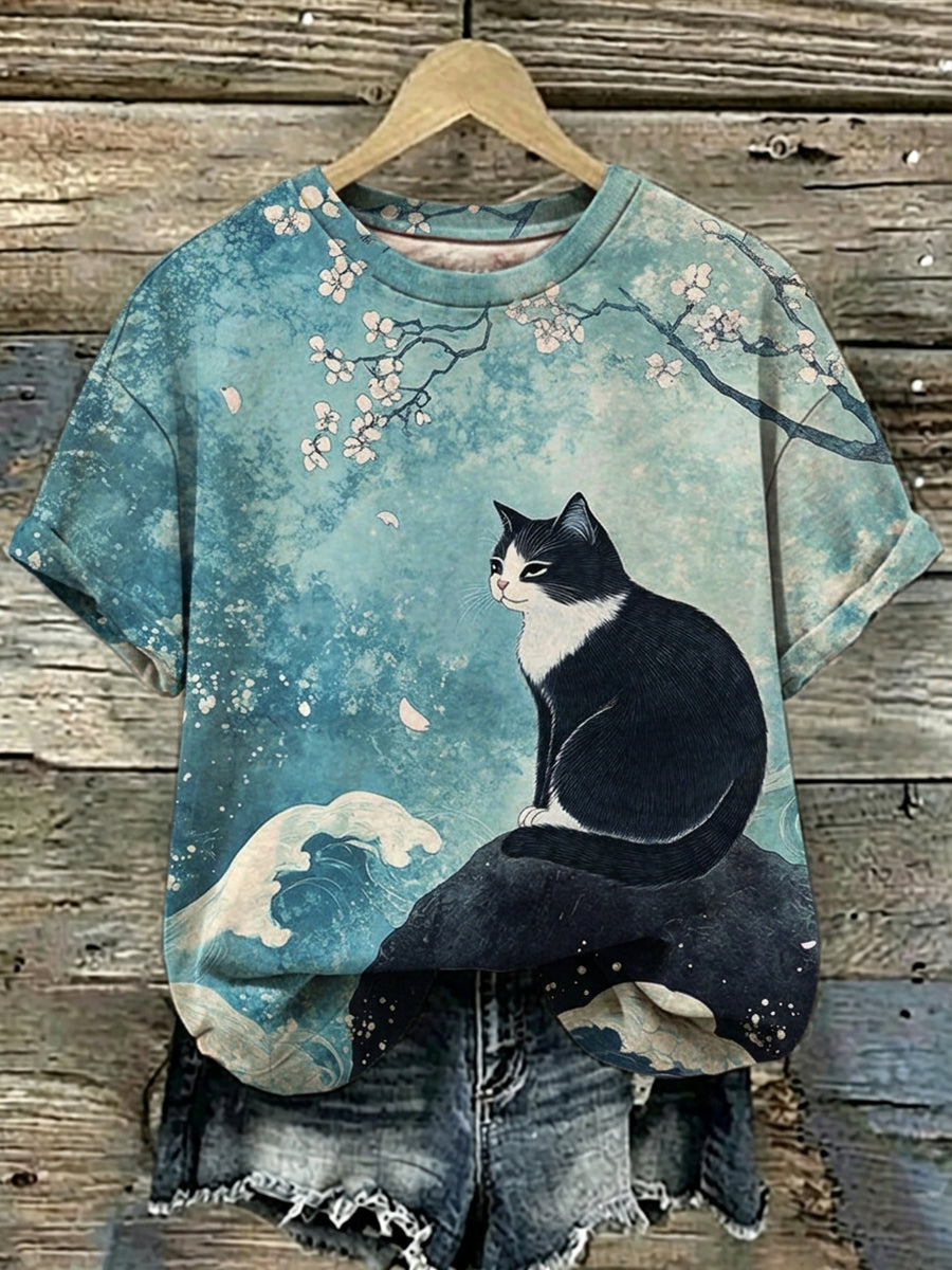 Women's Cat Art Print Short Sleeves T-shirt