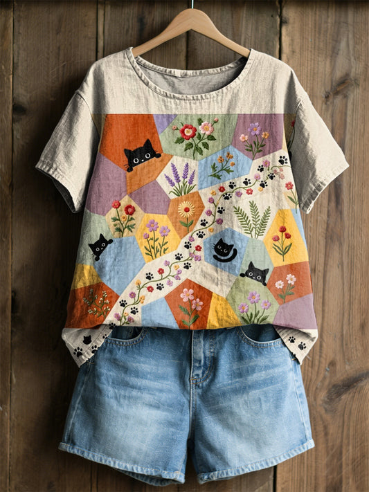 Women's Retro Floral Cats Print Casual Tee