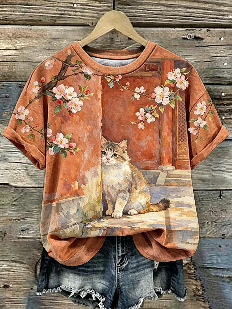 Women's Cat Art Print Short Sleeves T-shirt
