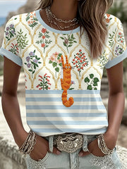 Women's Cute Cat With Floral Graphic Casual Short Sleeve T-shirt