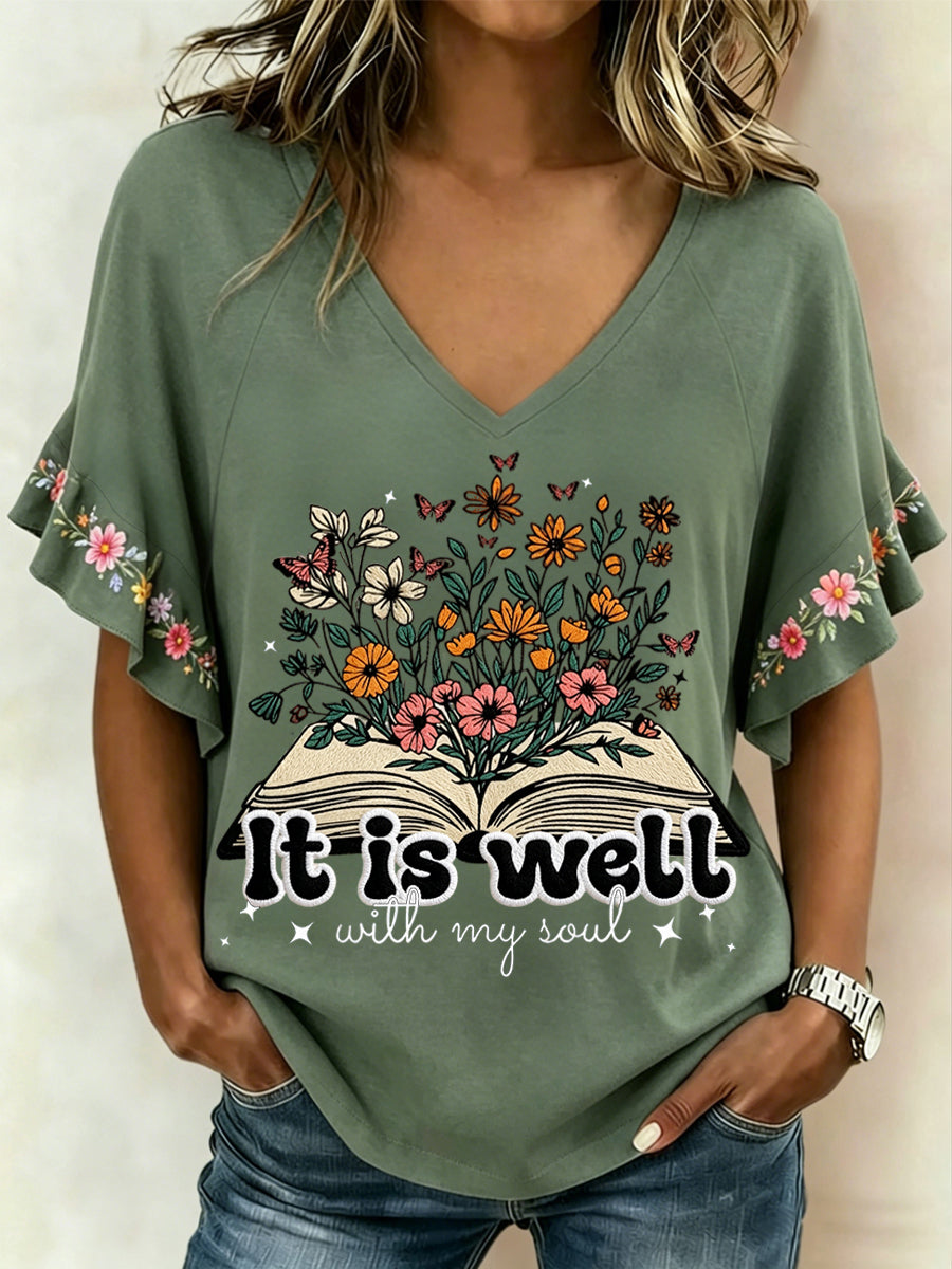 Women's It Is Well With My Soul Floral Print Casual Ruffle Sleeve Tee
