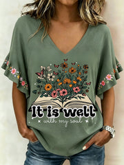 Women's It Is Well With My Soul Floral Print Casual Ruffle Sleeve Tee