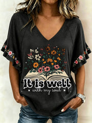 Women's It Is Well With My Soul Floral Print Casual Ruffle Sleeve Tee