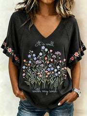 Women's It Is Well With My Soul Floral Print Casual Ruffle Sleeve Tee