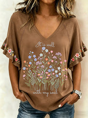 Women's It Is Well With My Soul Floral Print Casual Ruffle Sleeve Tee