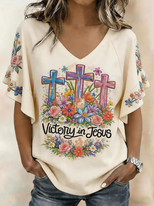 Women's Christian Cross Plants Flowers Print Casual V-NeckTee