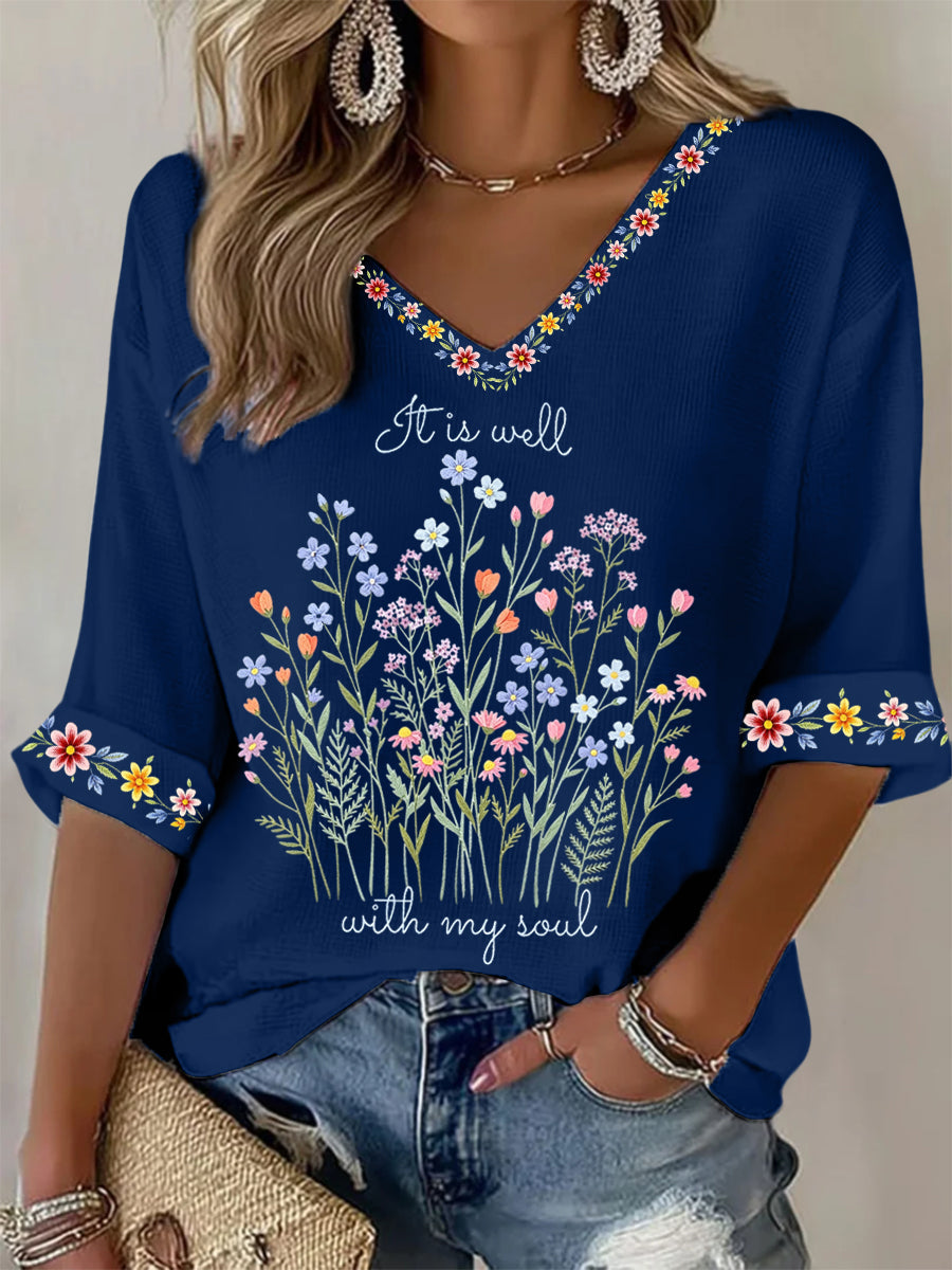 Women's It Is Well With My Soul Floral Print Casual Waffle Top