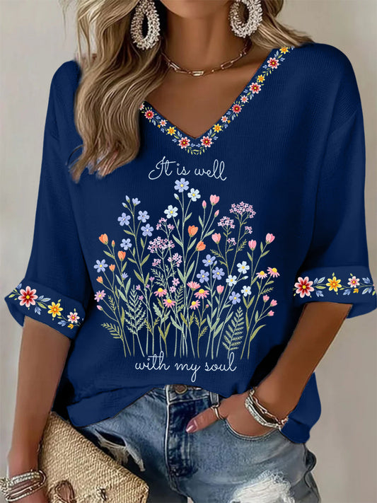 Women's It Is Well With My Soul Floral Print Casual Waffle Top