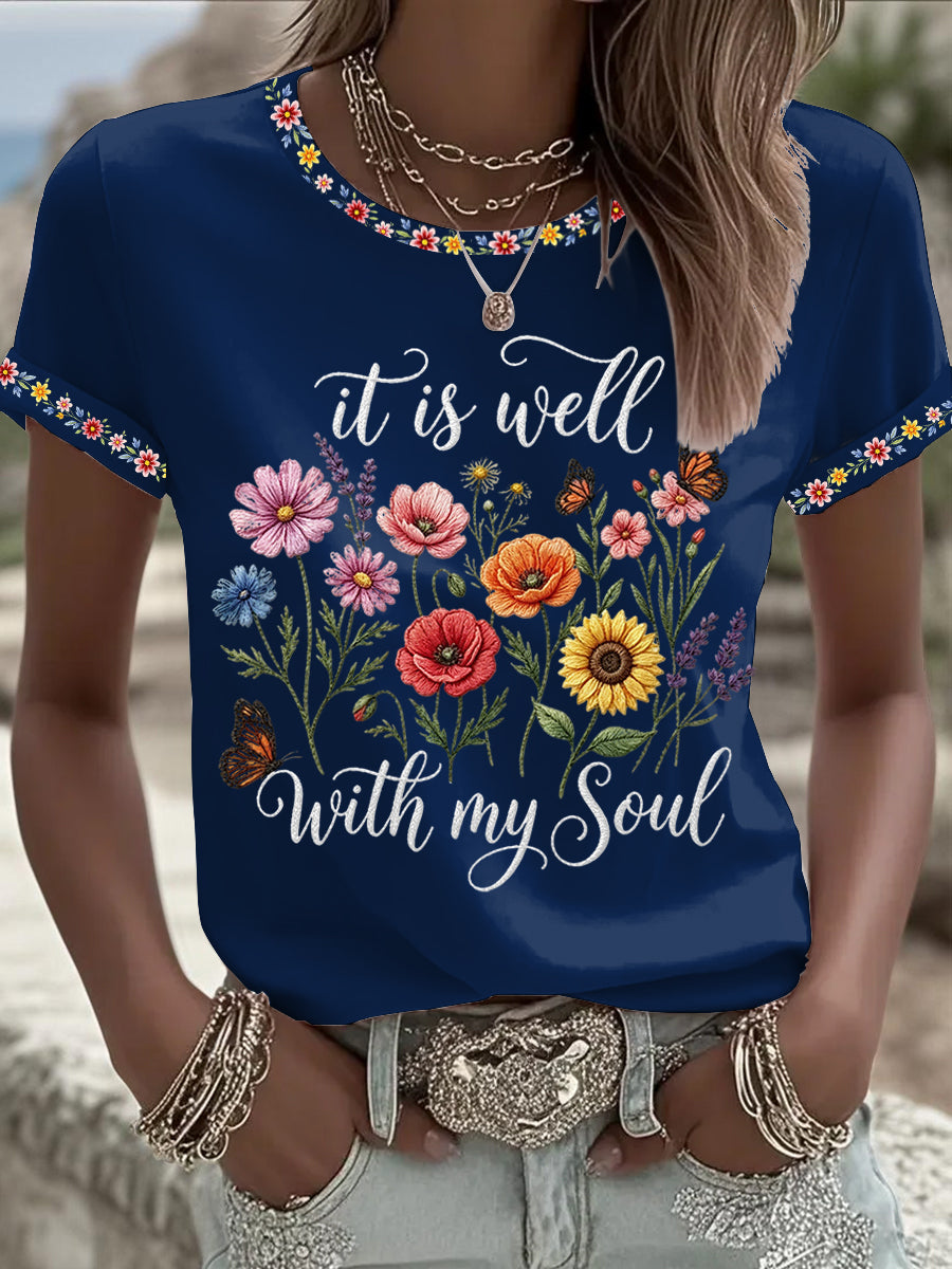 Women's It Is Well With My Soul Floral Print Casual Tee