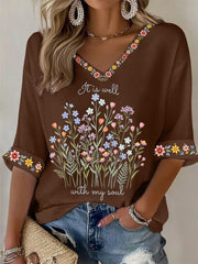 Women's It Is Well With My Soul Floral Print Casual Waffle Top