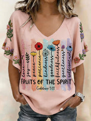 Women's Christian Cross Plants Flowers Print Casual V-NeckTee