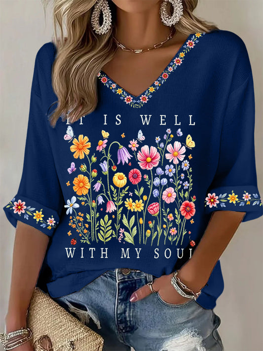 Women's It Is Well With My Soul Floral Print Casual Waffle Top