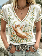 Women's Plants And Flowers Cute Cat Print V-Neck Casual T-Shirt