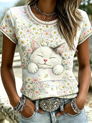 Women's Cute Flower Cat Short Sleeve T-shirt