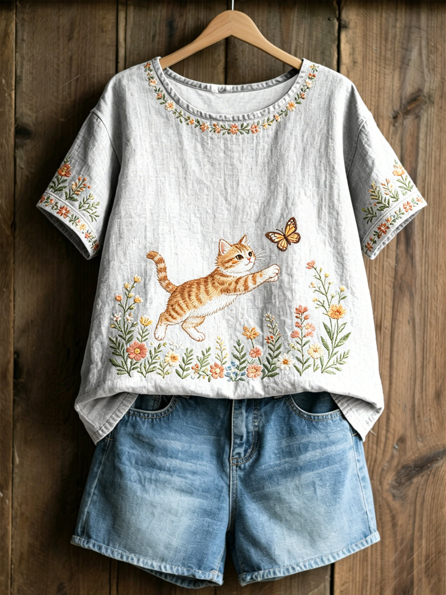 Women's Plants And Flowers Cute Cat Print Casual T-Shirt