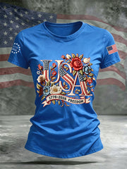 Women's Independence Day Floral USA Flag Print Casual Tee