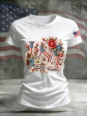 Women's Independence Day Floral USA Flag Print Casual Tee