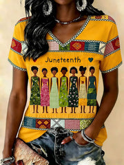 Women's Juneteenth Print Casual V-Neck Tee