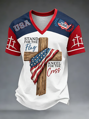 Men's Stand For Flag Kneel For The Cross V-neck T-shirt