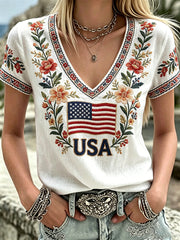 Women's America Floral Print V-Neck Casual T-Shirt