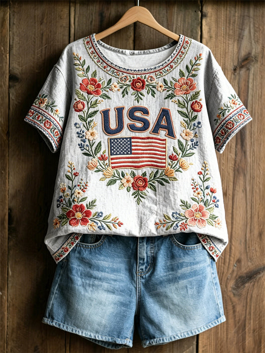 Women's America Floral Print Casual T-Shirt