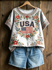 Women's America Floral Print Casual T-Shirt