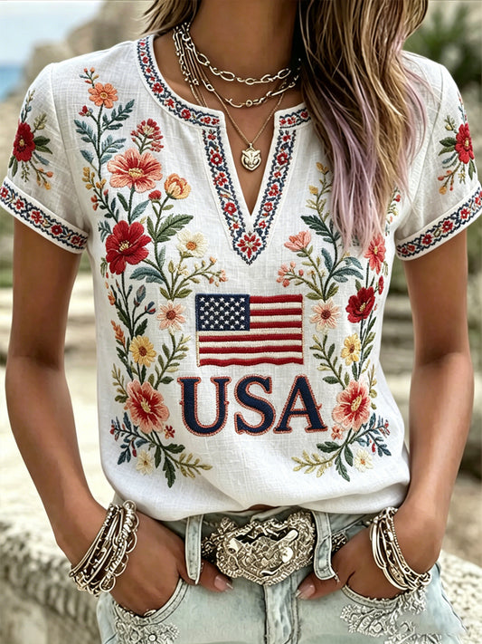 Women's America Floral Print V-Neck Casual T-Shirt