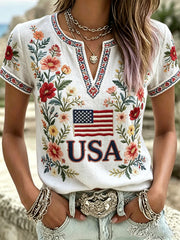 Women's America Floral Print V-Neck Casual T-Shirt