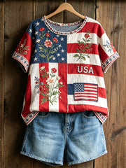 Women's America Floral Print Casual T-Shirt