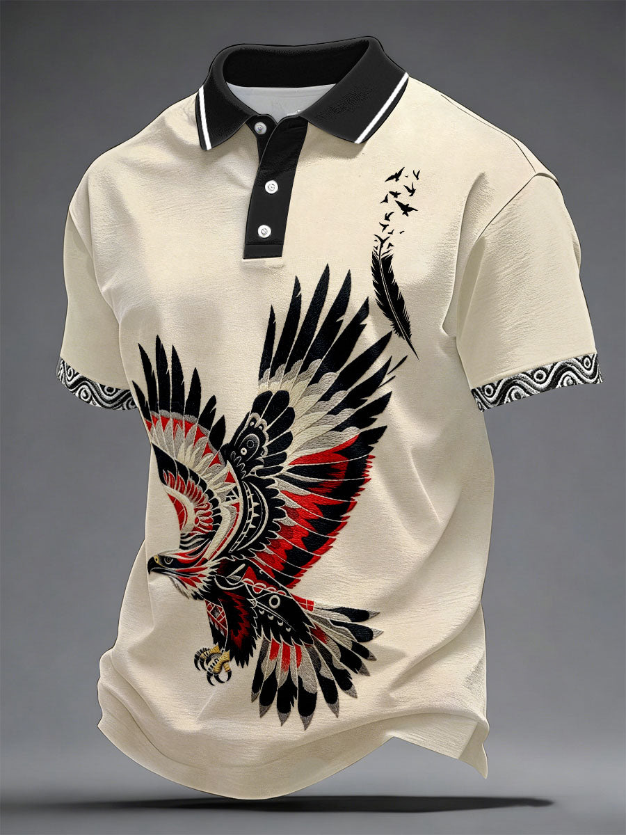Men's Indigenous-Style Casual T-Shirt with Embroidery and Print
