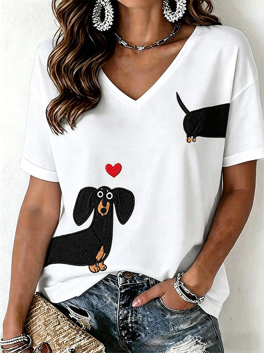 Women's Dachshund Pattern V-Neck T-Shirt