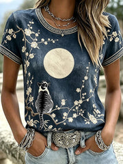 Women's Casual T-Shirt with Cat and Animal Embroidery & Print
