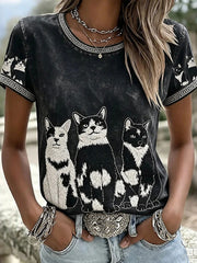 Women's Casual T-Shirt with Cat and Animal Embroidery & Print