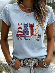 Women's Casual T-Shirt with Cat and Animal Embroidery & Print