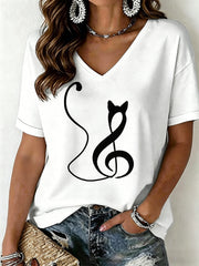 Women's Cat Print V-Neck T-Shirt