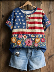 Women's Independence Day Anniversary Floral And Flag Art Cotton Linen Short-sleeve Top