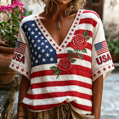 Women's Independence Day Anniversary Floral And Flag  Art Cotton Linen V-neck Short Sleeve Top