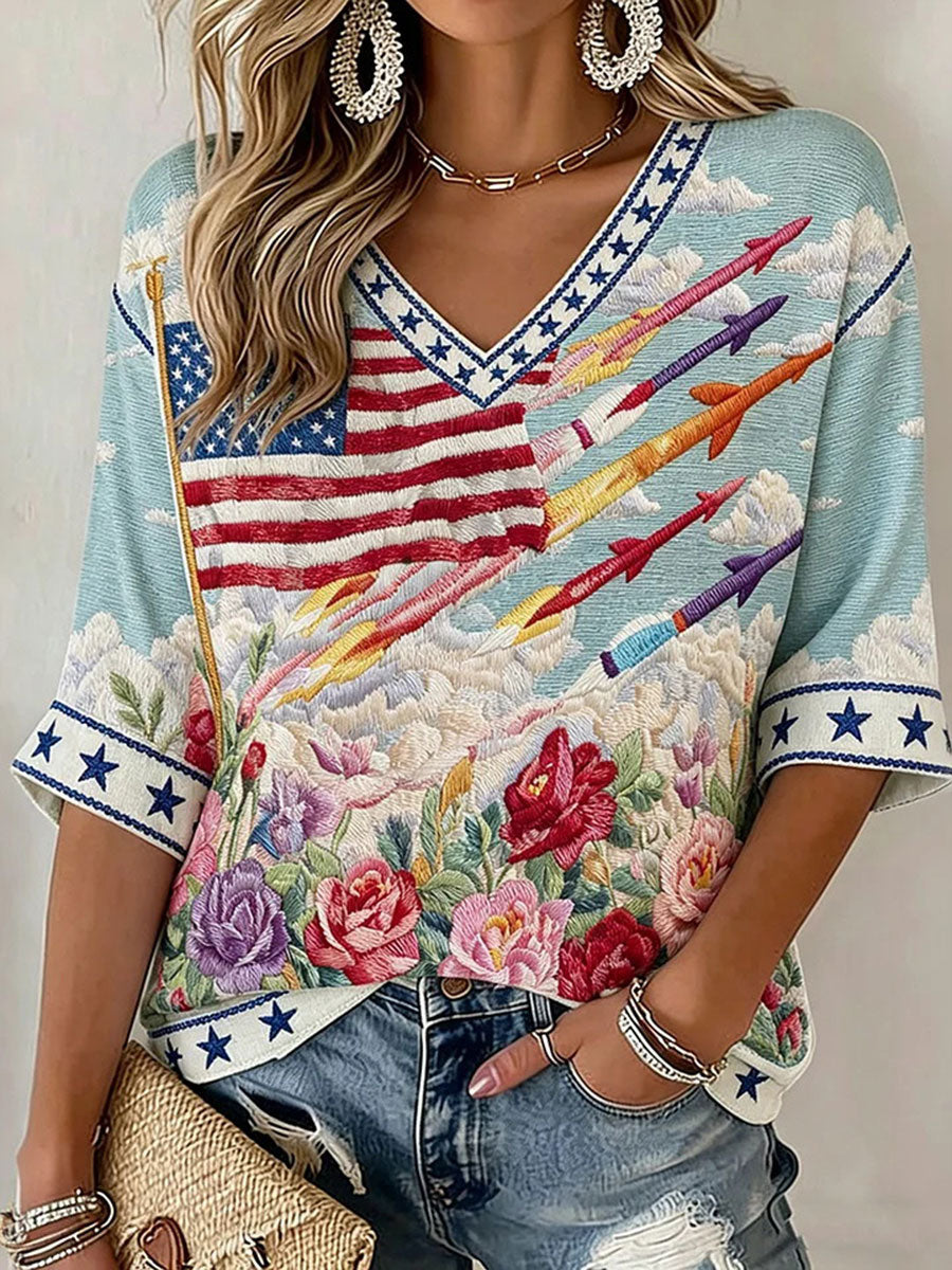 Women's American Flag Floral Print Casual T-Shirt