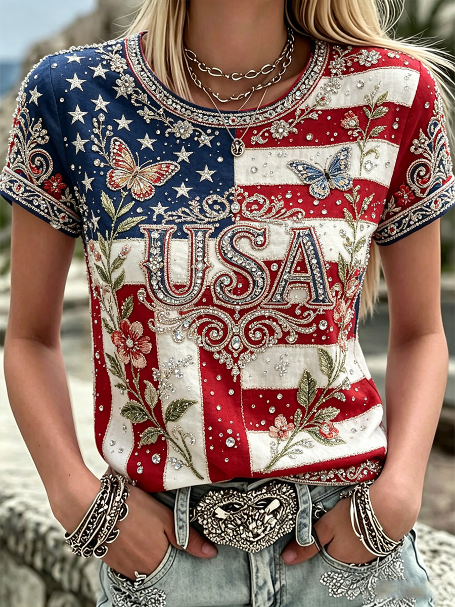 Women's America Floral Print Casual T-Shirt