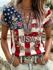 Women's America Floral Print V-Neck Casual T-Shirt