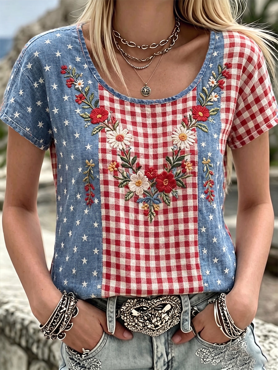 Women's Independence Day Anniversary Plaid Patchwork Flower Art  Linen Short-sleeve Top