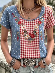 Women's Independence Day Anniversary Plaid Patchwork Flower Art  Linen Short-sleeve Top